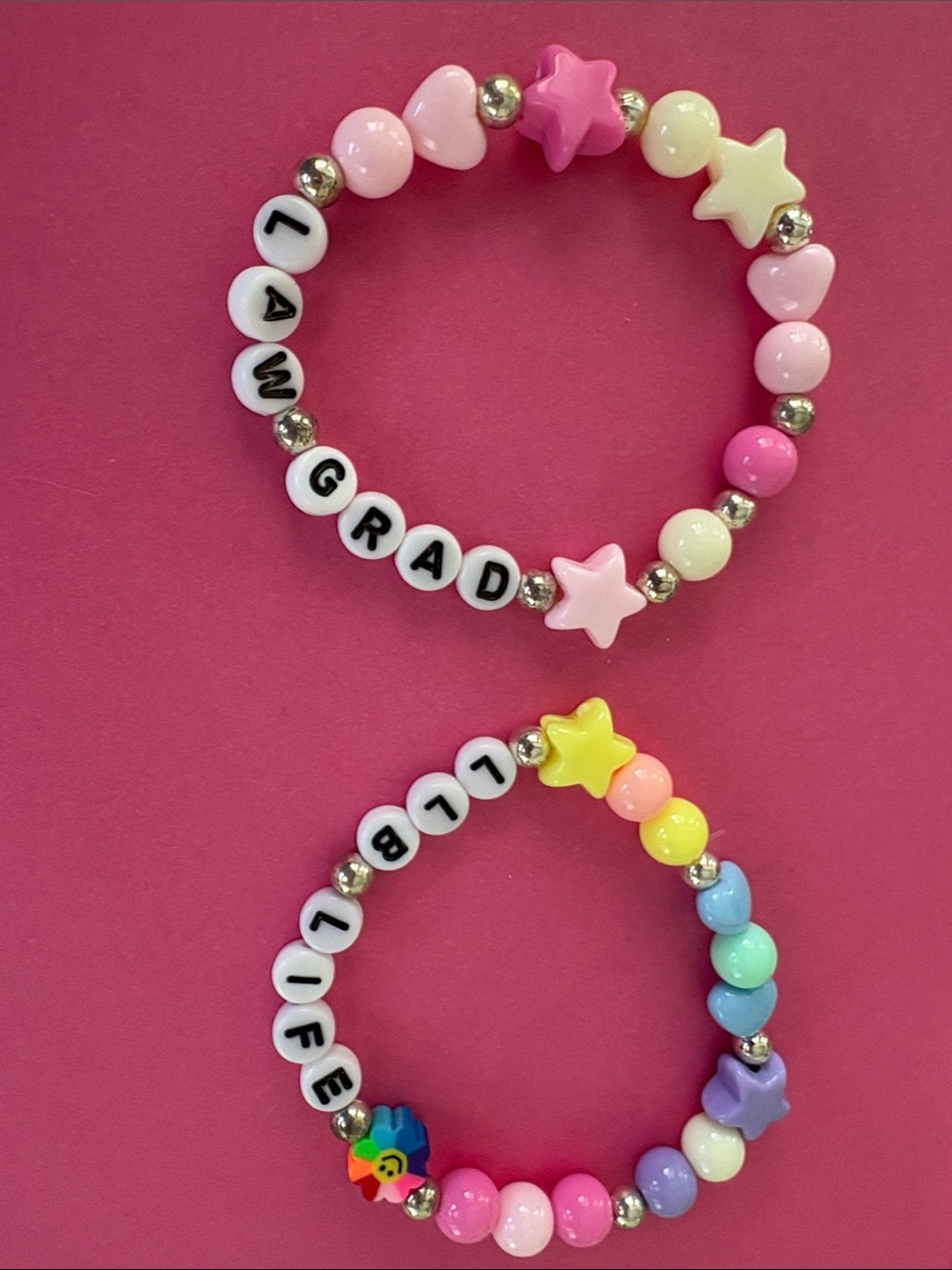 Kids Pink & Multicolor Beaded Name Bracelets - Cute Star & Heart Design